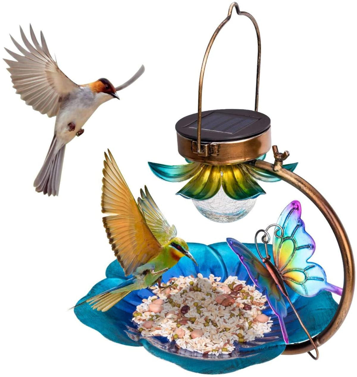 Solar Crack Ball Bird Feeder with iron frame, featuring a solar-powered light and decorative butterfly design. Ideal for medium-size birds.