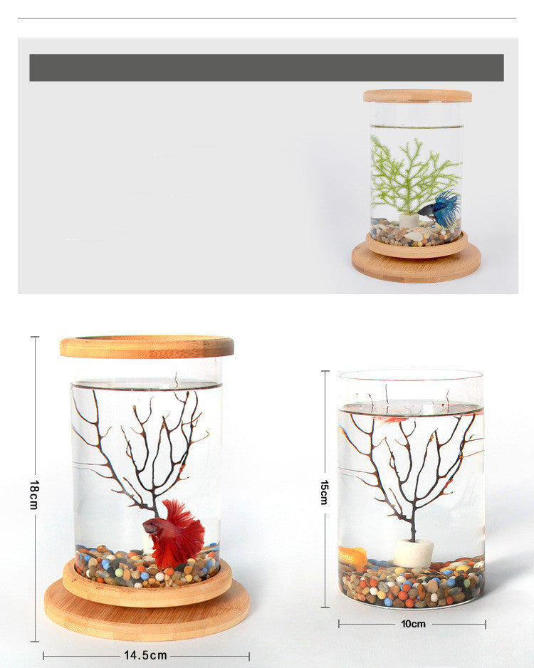 Small Office Glass Aquarium Bamboo Base Mini Fish Tank Decoration Fish Bowl