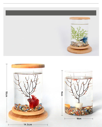 Small Office Glass Aquarium Bamboo Base Mini Fish Tank Decoration Fish Bowl